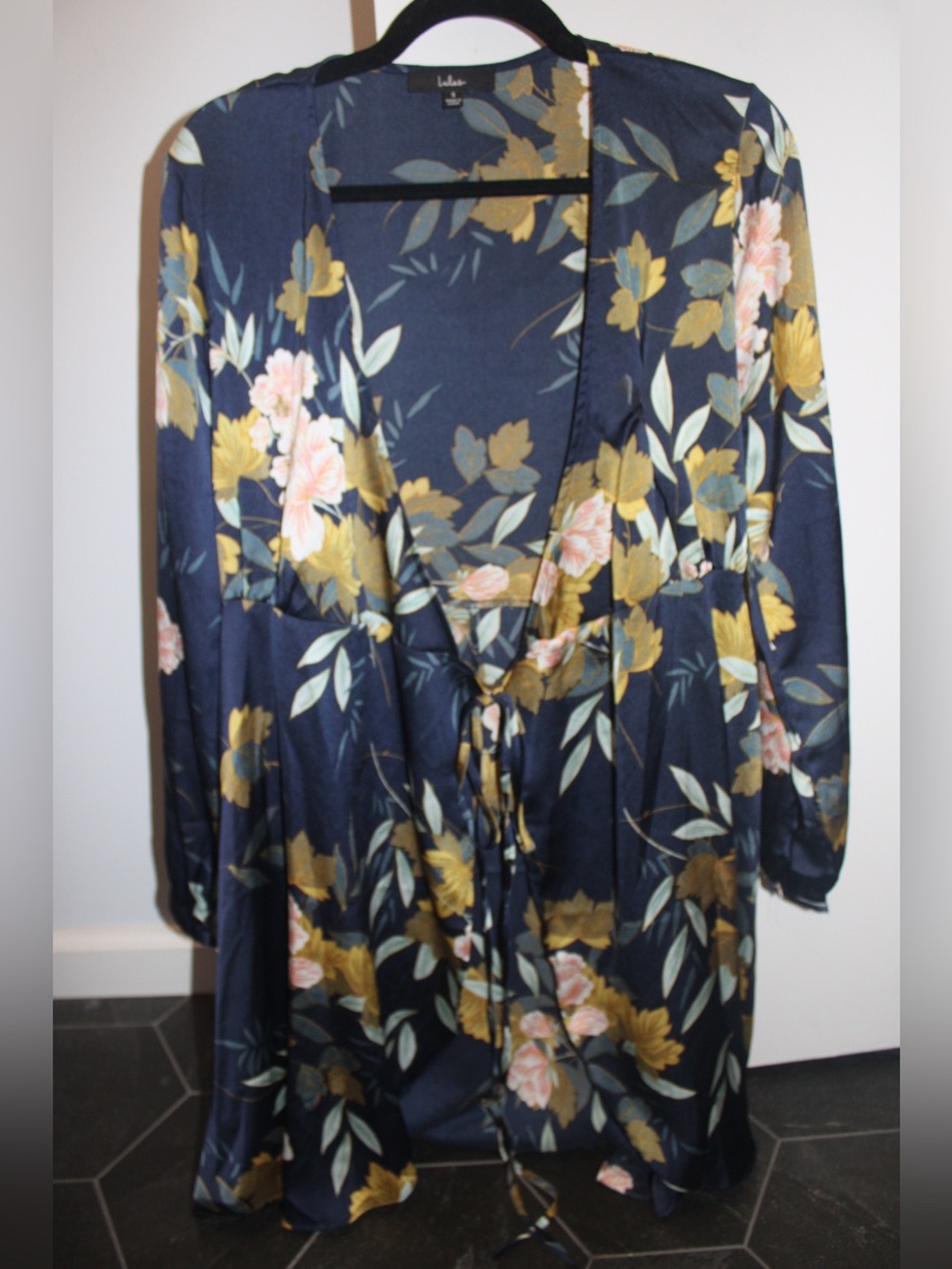 Lulus Love is Life Navy Blue Floral Print Satin Wrap Dress - Size Small - Picture 7 of 11